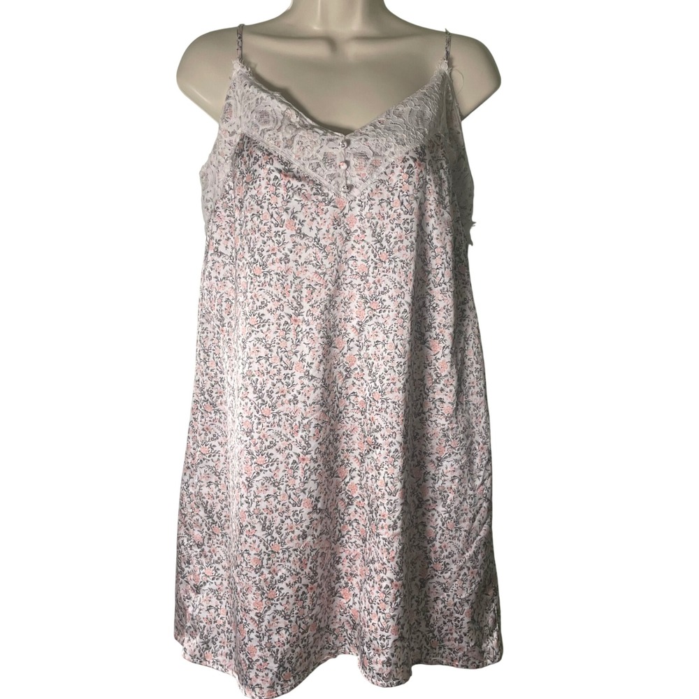Abercrombie & Fitch Floral Satin Lace Trim Chemise Slipdress Pink Grey Medium